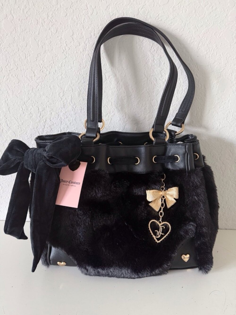 Juicy Couture Soul Sister Black Daydreamer Tote Bag Faux Fur W/Bow Charm Logo
